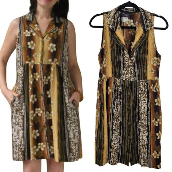 Vtg 80s Tropical Floral Button Front Dress Sz M Sleeveless Rayon Brown Pockets - Picture 2 of 12